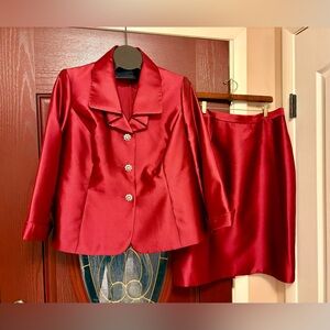 Vintage KASPER Shimmer RED Burgundy RHINESTONE Buttons Jacket Skirt SUIT Sz 18W